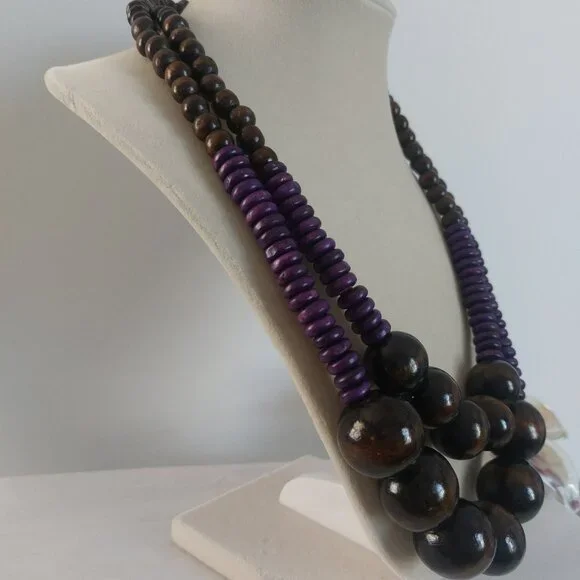 Brown Purple Wooden Beads Necklace 2 Layers Boho Earth Tone Statement Like New - Picture 4 of 9